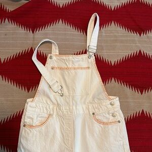 Zara bootcut white denim overalls with orange stitch detailing size large